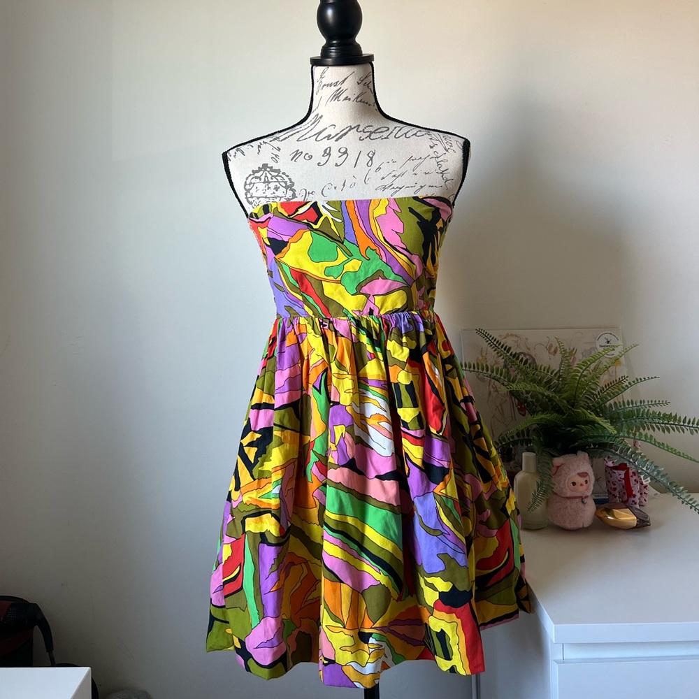 s/w/f birds of paradise multicolor strapless puff mini dress with pockets